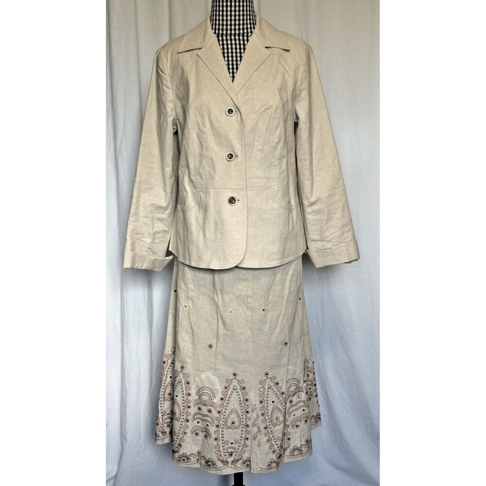 Vintage Linen Embroidered Skirt & Jacket Set Suit Lot Oatmeal Women's 12